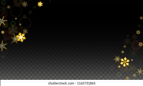 New Year Vector Background with Gold Falling Snowflakes Isolated on Transparent Background. Realistic Snow Sparkle Pattern. Snowfall Overlay Print. Winter Sky. Design for  Banner.