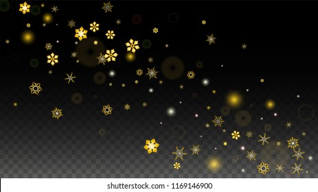 New Year Vector Background with Gold Falling Snowflakes Isolated on Transparent Background. Realistic Snow Sparkle Pattern. Snowfall Overlay Print. Winter Sky. Design for  Christmas Sale.
