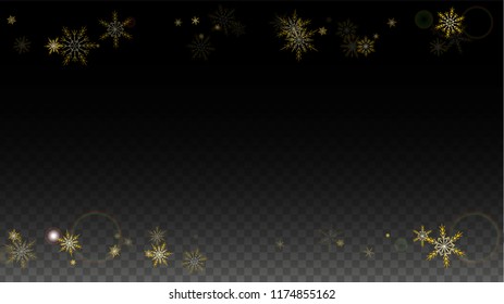 New Year Vector Background with Gold Falling Snowflakes Isolated on Transparent Background. Miracle Snow Sparkle Pattern. Snowfall Overlay Print. Winter Sky. Design for  Poster.