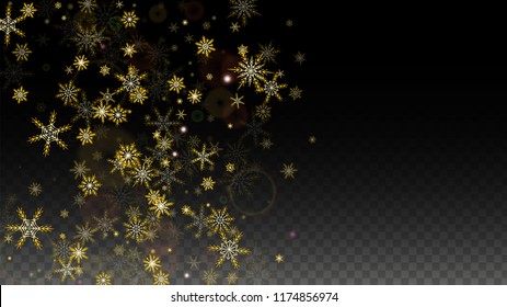 New Year Vector Background with Gold Falling Snowflakes Isolated on Transparent Background. Fantasy Snow Sparkle Pattern. Snowfall Overlay Print. Winter Sky. Design for  Party Invitation.
