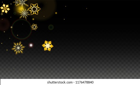 New Year Vector Background with Gold Falling Snowflakes Isolated on Transparent Background. Festival Snow Sparkle Pattern. Snowfall Overlay Print. Winter Sky. Design for  Christmas Sale.