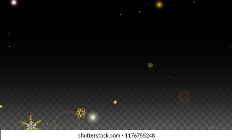 New Year Vector Background with Gold Falling Snowflakes Isolated on Transparent Background. Fantasy Snow Sparkle Pattern. Snowfall Overlay Print. Winter Sky. Design for  Banner.