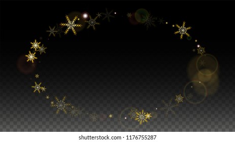 New Year Vector Background with Gold Falling Snowflakes Isolated on Transparent Background. Festival Snow Sparkle Pattern. Snowfall Overlay Print. Winter Sky. Design for  Party Invitation.