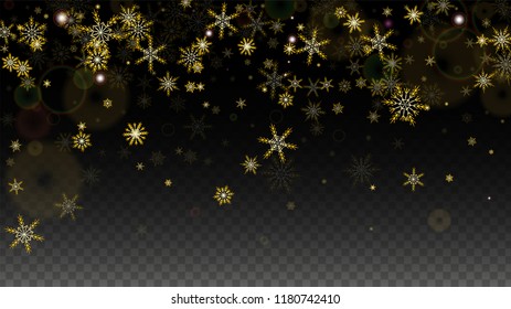 New Year Vector Background with Gold Falling Snowflakes Isolated on Transparent Background. Glitter Snow Sparkle Pattern. Snowfall Overlay Print. Winter Sky. Design for  Banner.