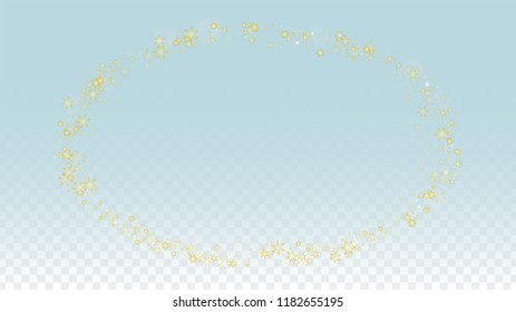 New Year Vector Background with Gold Falling Snowflakes Isolated on Transparent Background. Magic Snow Sparkle Pattern. Snowfall Overlay Print. Winter Sky. Design for  Poster.