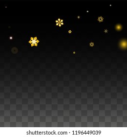 New Year Vector Background with Gold Falling Snowflakes Isolated on Transparent Background. Elegance Snow Sparkle Pattern. Snowfall Overlay Print. Winter Sky. Design for  Christmas Sale.