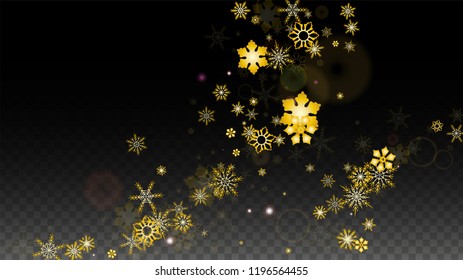 New Year Vector Background with Gold Falling Snowflakes Isolated on Transparent Background. Glitter Snow Sparkle Pattern. Snowfall Overlay Print. Winter Sky. Design for  Banner.