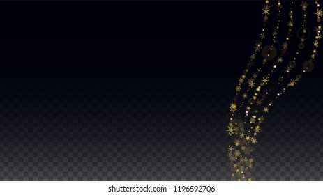 New Year Vector Background with Gold Falling Snowflakes Isolated on Transparent Background. Elegance Snow Sparkle Pattern. Snowfall Overlay Print. Winter Sky. Design for  Christmas Sale.