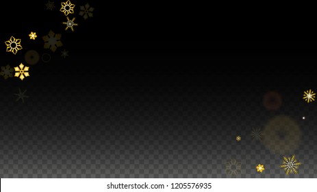 New Year Vector Background with Gold Falling Snowflakes Isolated on Transparent Background. Realistic Snow Sparkle Pattern. Snowfall Overlay Print. Winter Sky. Design for  Poster.