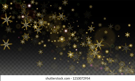 New Year Vector Background with Gold Falling Snowflakes Isolated on Transparent Background. Festival Snow Sparkle Pattern. Snowfall Overlay Print. Winter Sky. Design for  Poster.