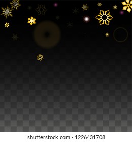 New Year Vector Background with Gold Falling Snowflakes Isolated on Transparent Background. Miracle Snow Sparkle Pattern. Snowfall Overlay Print. Winter Sky. Design for  Banner.