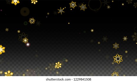 New Year Vector Background with Gold Falling Snowflakes Isolated on Transparent Background. Elegance Snow Sparkle Pattern. Snowfall Overlay Print. Winter Sky. Design for  Poster.