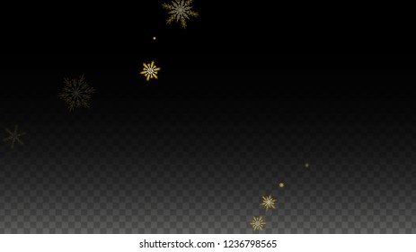 New Year Vector Background with Gold Falling Snowflakes Isolated on Transparent Background. Elegance Snow Sparkle Pattern. Snowfall Overlay Print. Winter Sky. Design for  Poster.
