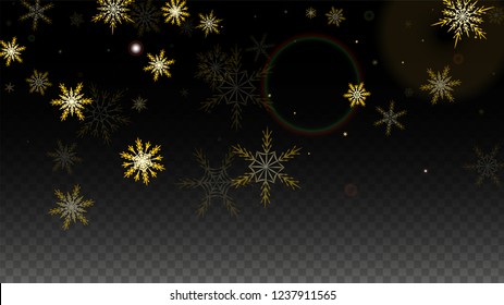 New Year Vector Background with Gold Falling Snowflakes Isolated on Transparent Background. Luxury Snow Sparkle Pattern. Snowfall Overlay Print. Winter Sky. Design for  Banner.
