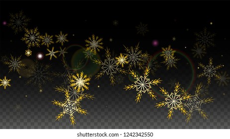 New Year Vector Background with Gold Falling Snowflakes Isolated on Transparent Background. Realistic Snow Sparkle Pattern. Snowfall Overlay Print. Winter Sky. Design for  Banner.
