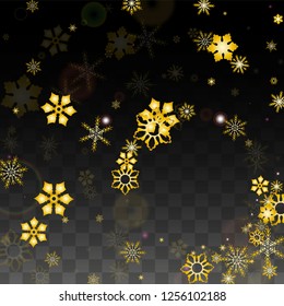 New Year Vector Background with Gold Falling Snowflakes Isolated on Transparent Background. Realistic Snow Sparkle Pattern. Snowfall Overlay Print. Winter Sky. Design for  Christmas Sale.