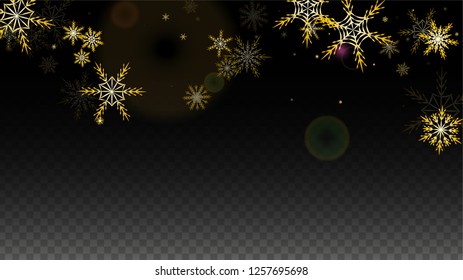 New Year Vector Background with Gold Falling Snowflakes Isolated on Transparent Background. Magic Snow Sparkle Pattern. Snowfall Overlay Print. Winter Sky. Design for  Party Invitation.