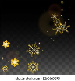 New Year Vector Background with Gold Falling Snowflakes Isolated on Transparent Background. Miracle Snow Sparkle Pattern. Snowfall Overlay Print. Winter Sky. Design for  Christmas Sale.