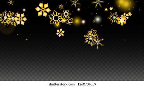 New Year Vector Background with Gold Falling Snowflakes Isolated on Transparent Background. Fantasy Snow Sparkle Pattern. Snowfall Overlay Print. Winter Sky. Design for  Banner.