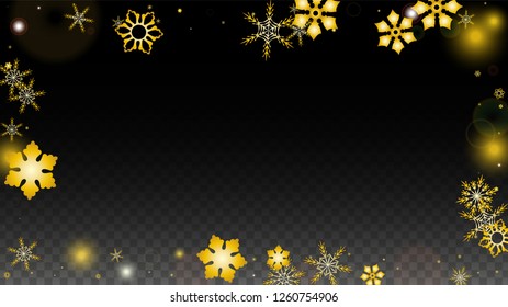 New Year Vector Background with Gold Falling Snowflakes Isolated on Transparent Background. Elegance Snow Sparkle Pattern. Snowfall Overlay Print. Winter Sky. Design for  Party Invitation.