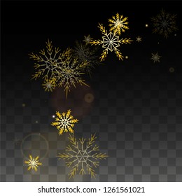 New Year Vector Background with Gold Falling Snowflakes Isolated on Transparent Background. Festival Snow Sparkle Pattern. Snowfall Overlay Print. Winter Sky. Design for  Christmas Sale.