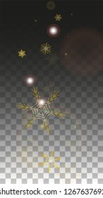 New Year Vector Background with Gold Falling Snowflakes Isolated on Transparent Background. Festival Snow Sparkle Pattern. Snowfall Overlay Print. Winter Sky. Design for  Banner.