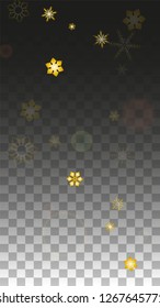 New Year Vector Background with Gold Falling Snowflakes Isolated on Transparent Background. Magic Snow Sparkle Pattern. Snowfall Overlay Print. Winter Sky. Design for  Banner.