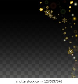 New Year Vector Background with Gold Falling Snowflakes Isolated on Transparent Background. Glitter Snow Sparkle Pattern. Snowfall Overlay Print. Winter Sky. Design for  Party Invitation.