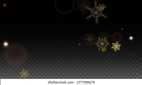 New Year Vector Background with Gold Falling Snowflakes Isolated on Transparent Background. Luxury Snow Sparkle Pattern. Snowfall Overlay Print. Winter Sky. Design for  Party Invitation.