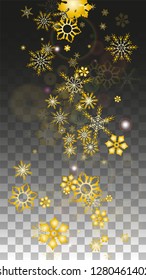 New Year Vector Background with Gold Falling Snowflakes Isolated on Transparent Background. Festival Snow Sparkle Pattern. Snowfall Overlay Print. Winter Sky. Design for  Banner.