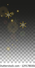 New Year Vector Background with Gold Falling Snowflakes Isolated on Transparent Background. Fantasy Snow Sparkle Pattern. Snowfall Overlay Print. Winter Sky. Design for  Party Invitation.