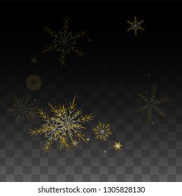 New Year Vector Background with Gold Falling Snowflakes Isolated on Transparent Background. Glitter Snow Sparkle Pattern. Snowfall Overlay Print. Winter Sky. Design for  Banner.