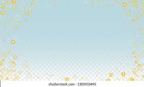 New Year Vector Background with Gold Falling Snowflakes Isolated on Transparent Background. Luxury Snow Sparkle Pattern. Snowfall Overlay Print. Winter Sky. Design for  Christmas Sale.