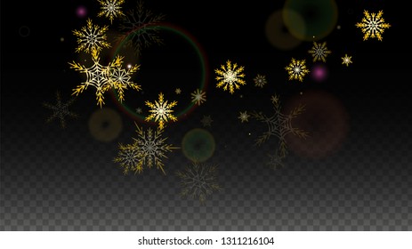 New Year Vector Background with Gold Falling Snowflakes Isolated on Transparent Background. Luxury Snow Sparkle Pattern. Snowfall Overlay Print. Winter Sky. Design for  Christmas Sale.