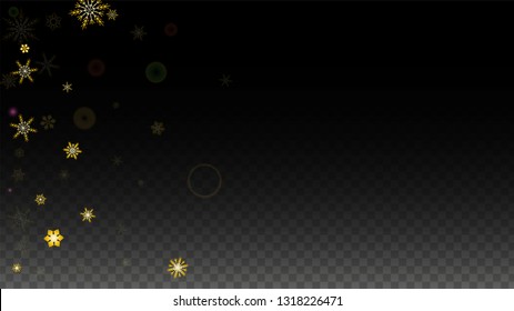 New Year Vector Background with Gold Falling Snowflakes Isolated on Transparent Background. Luxury Snow Sparkle Pattern. Snowfall Overlay Print. Winter Sky. Design for  Party Invitation.
