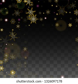 New Year Vector Background with Gold Falling Snowflakes Isolated on Transparent Background.  