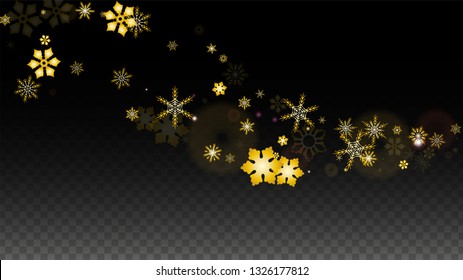 New Year Vector Background with Gold Falling Snowflakes Isolated on Transparent Background. Elegance Snow Sparkle Pattern. Snowfall Overlay Print. Winter Sky. Design for  Party Invitation.