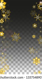 New Year Vector Background with Gold Falling Snowflakes Isolated on Transparent Background. Miracle Snow Sparkle Pattern. Snowfall Overlay Print. Winter Sky. Design for  Banner.
