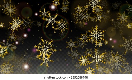 New Year Vector Background with Gold Falling Snowflakes Isolated on Transparent Background. Glitter Snow Sparkle Pattern. Snowfall Overlay Print. Winter Sky. Design for  Banner.