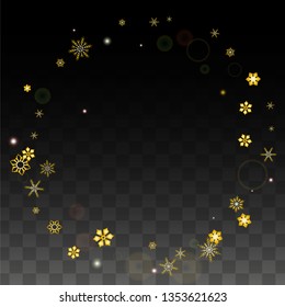 New Year Vector Background with Gold Falling Snowflakes Isolated on Transparent Background. Fantasy Snow Sparkle Pattern. Snowfall Overlay Print. Winter Sky. Design for  Poster.