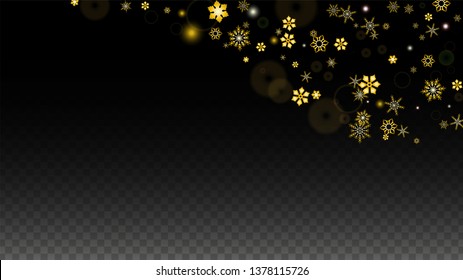 New Year Vector Background with Gold Falling Snowflakes Isolated on Transparent Background. Fantasy Snow Sparkle Pattern. Snowfall Overlay Print. Winter Sky. Design for  Christmas Sale.