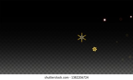 New Year Vector Background with Gold Falling Snowflakes Isolated on Transparent Background. Glitter Snow Sparkle Pattern. Snowfall Overlay Print. Winter Sky. Design for  Banner.