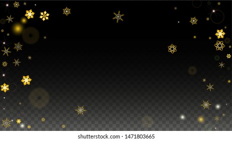 New Year Vector Background with Gold Falling Snowflakes Isolated on Transparent Background. Glitter Snow Sparkle Pattern. Snowfall Overlay Print. Winter Sky. Design for  Banner.