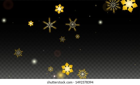 New Year Vector Background with Gold Falling Snowflakes Isolated on Transparent Background. Realistic Snow Sparkle Pattern. Snowfall Overlay Print. Winter Sky. Design for  Banner.