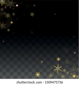 New Year Vector Background with Gold Falling Snowflakes Isolated on Transparent Background. Miracle Snow Sparkle Pattern. Snowfall Overlay Print. Winter Sky. Design for  Christmas Sale.