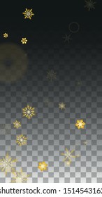 New Year Vector Background with Gold Falling Snowflakes Isolated on Transparent Background. Fantasy Snow Sparkle Pattern. Snowfall Overlay Print. Winter Sky. Design for  Poster.