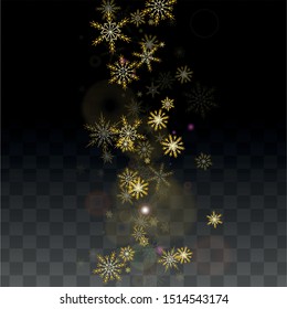 New Year Vector Background with Gold Falling Snowflakes Isolated on Transparent Background. Fantasy Snow Sparkle Pattern. Snowfall Overlay Print. Winter Sky. Design for  Poster.