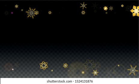 New Year Vector Background with Gold Falling Snowflakes Isolated on Transparent Background. Luxury Snow Sparkle Pattern. Snowfall Overlay Print. Winter Sky. Design for  Party Invitation.