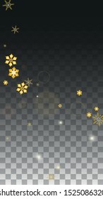 New Year Vector Background with Gold Falling Snowflakes Isolated on Transparent Background. Elegance Snow Sparkle Pattern. Snowfall Overlay Print. Winter Sky. Design for  Christmas Sale.