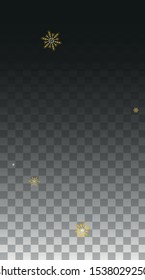 New Year Vector Background with Gold Falling Snowflakes Isolated on Transparent Background. Realistic Snow Sparkle Pattern. Snowfall Overlay Print. Winter Sky. Design for  Christmas Sale.